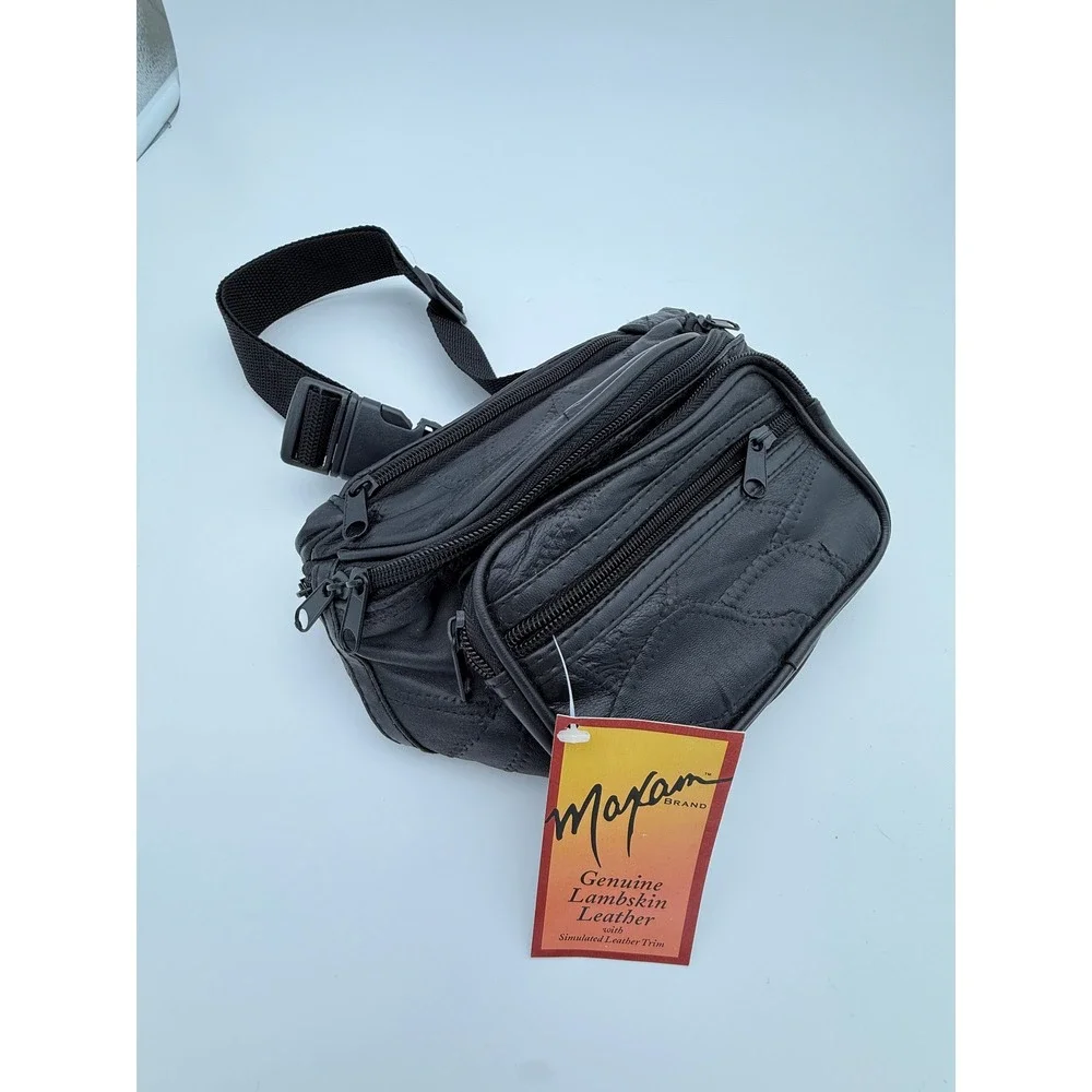 1990s Maxam Genuine Lambskin Leather Fanny Pack Black Multi Pocket Waist Bag NWT - Picture 1 of 14